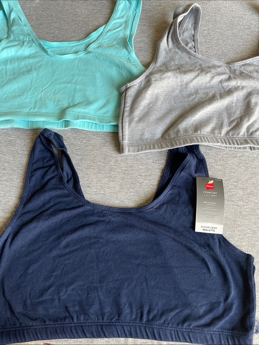 Hanes Scoop Crop Bralettes - Navy, Gray, Mint